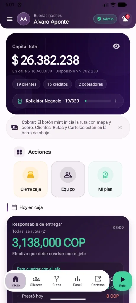 Pantalla de inicio de Kollektor