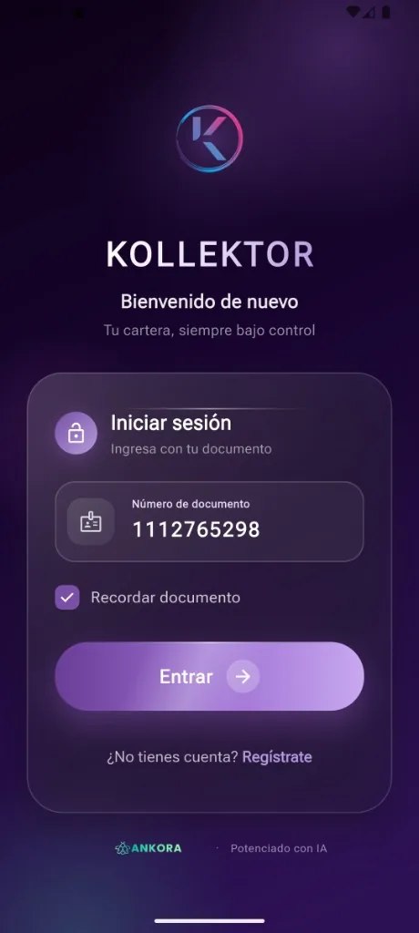 Pantalla de inicio de sesión de Kollektor