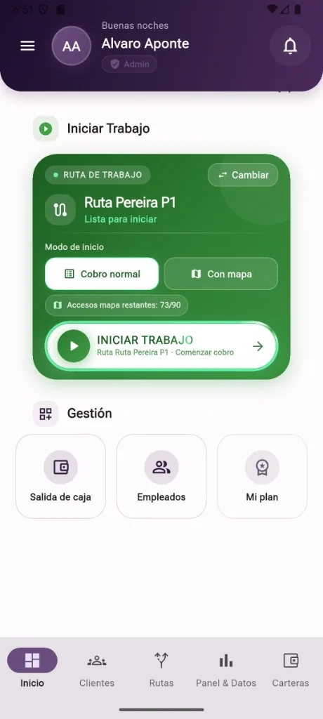 Pantalla para iniciar trabajo por ruta