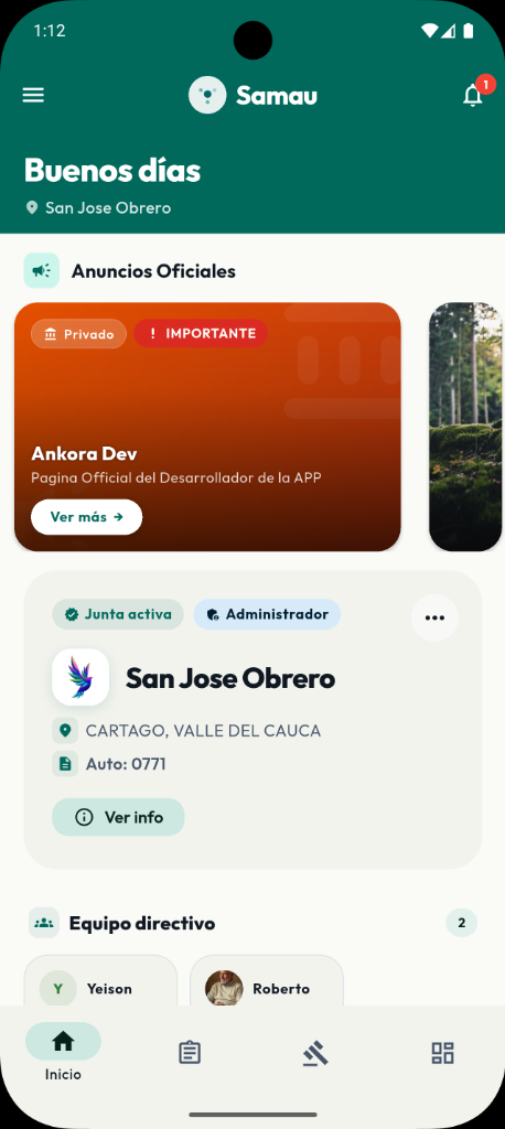 Pantalla de inicio de Samau con JAC San José Obrero